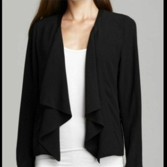 Eileen Fisher Black Silk Drape Leather Trim Front Jacket Open Blazer NWT - Picture 4 of 14